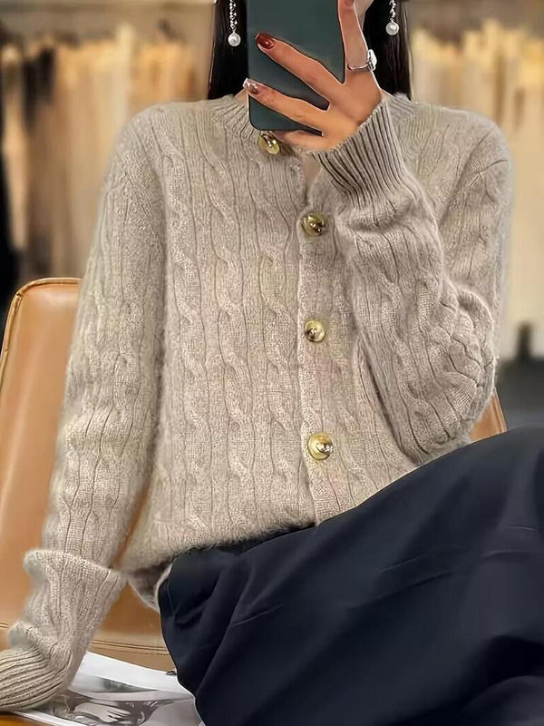 Buttoned Long-Sleeve Cable Cardigan