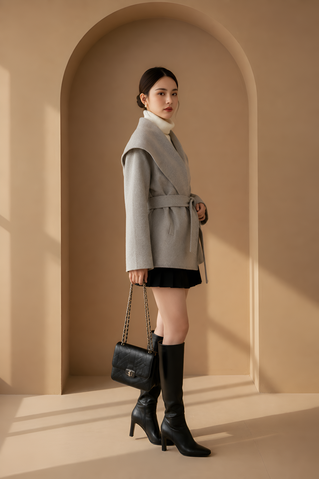 Shawl-Collar Wool Wrap Coat