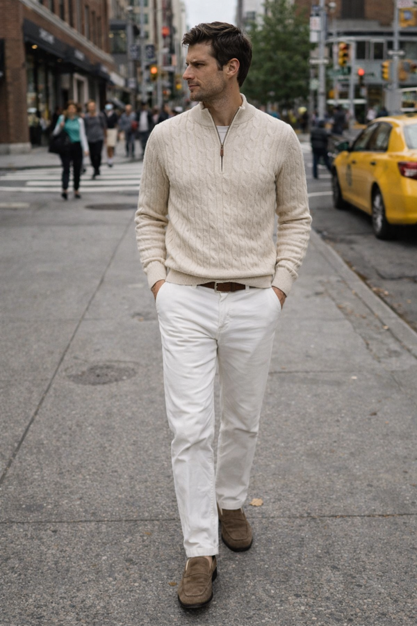 Beige Quarter‑Zip Polo - L