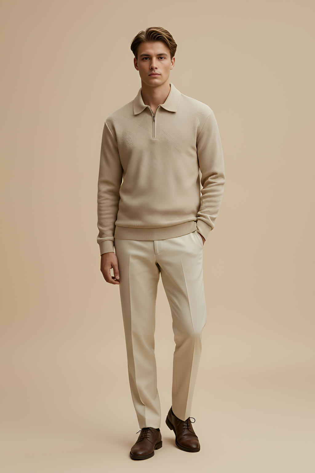 Beige Quarter‑Zip Polo