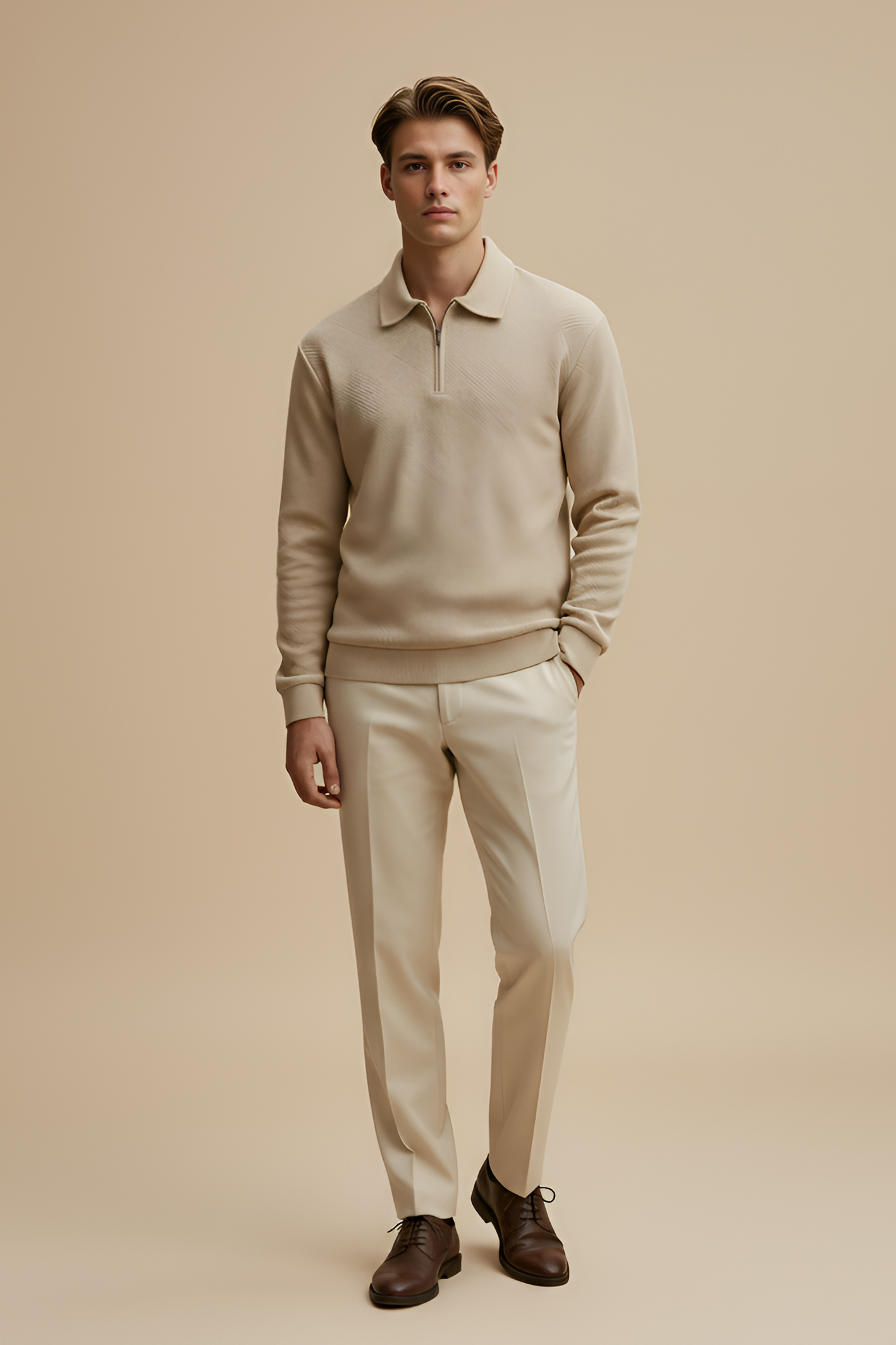 Beige Quarter‑Zip Polo