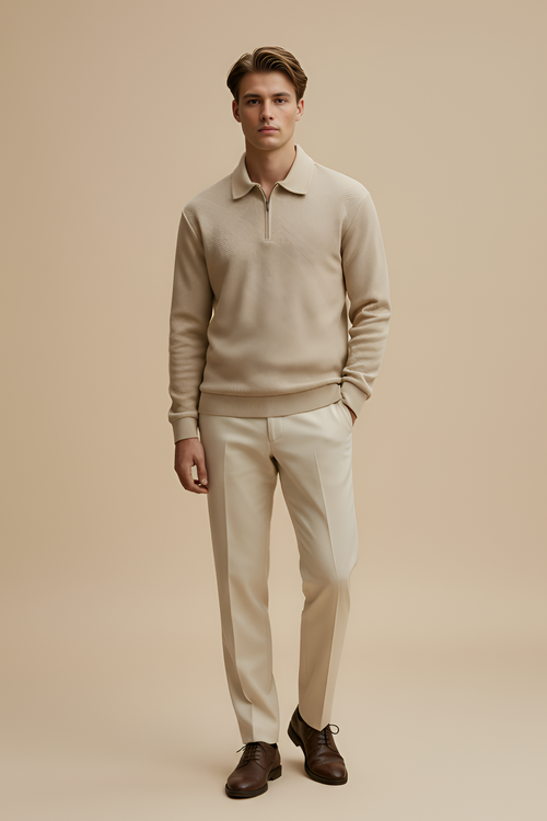 Beige Quarter‑Zip Polo