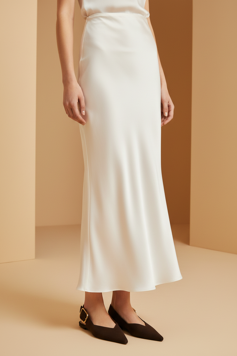 Brown Slingbacks + Milky White Satin Skirt