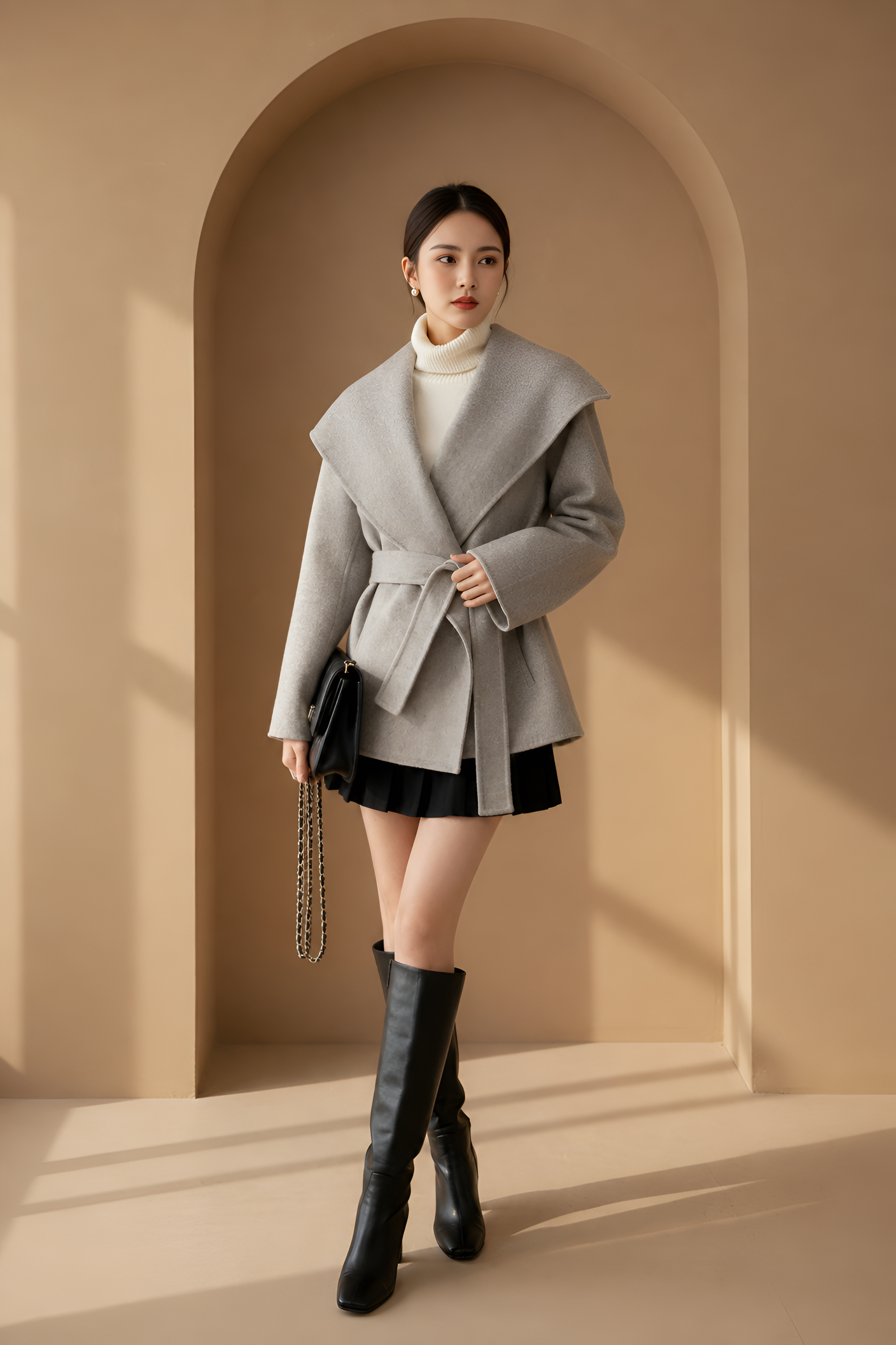 Shawl-Collar Wool Wrap Coat