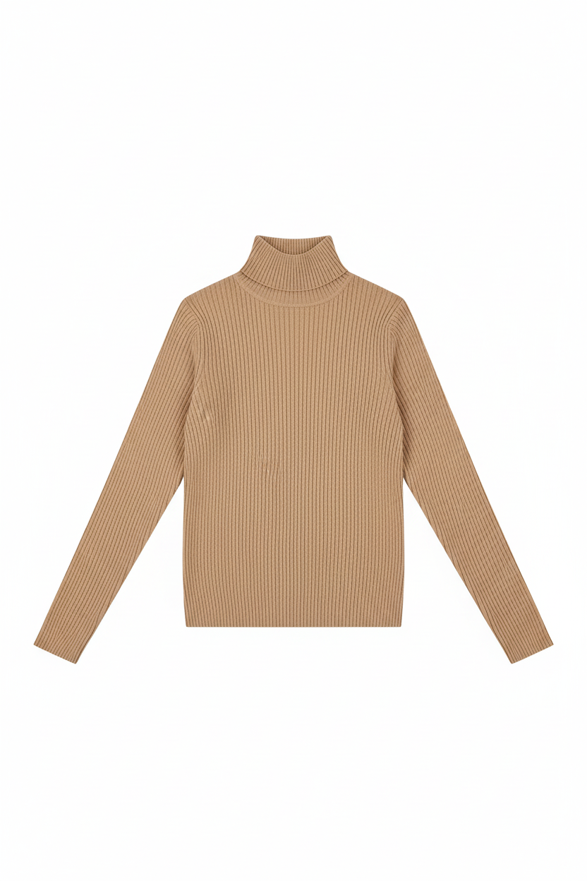 Flat Lay — Beige Ribbed Turtleneck