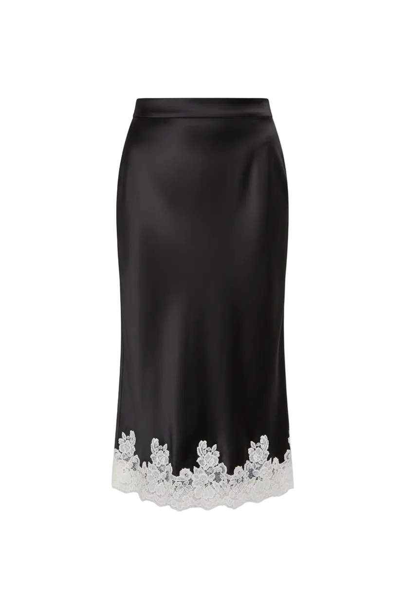 Flat Lay — Black Satin Skirt, Straight Lace Hem