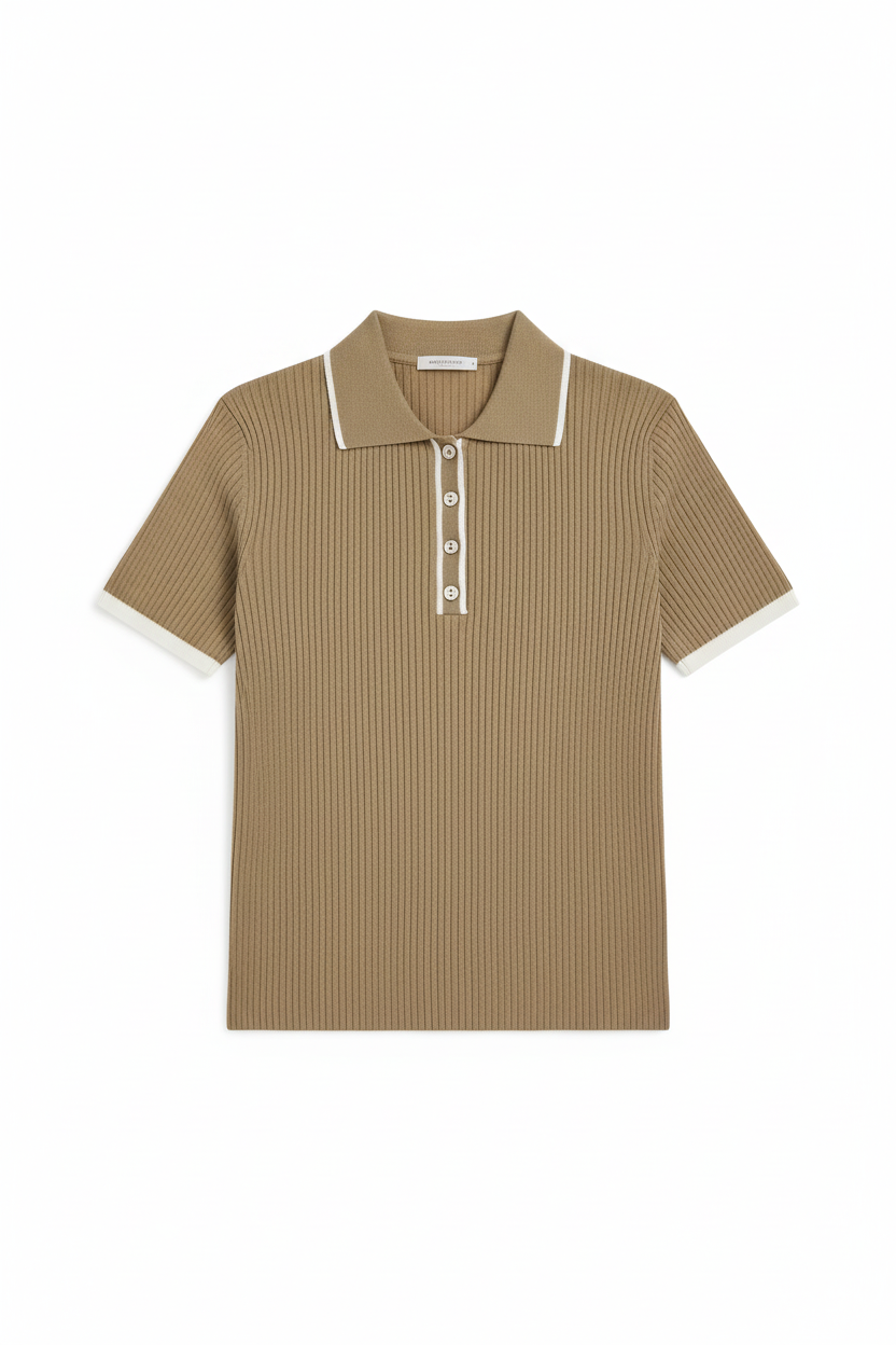 Flat Lay — Khaki Ribbed Polo Top
