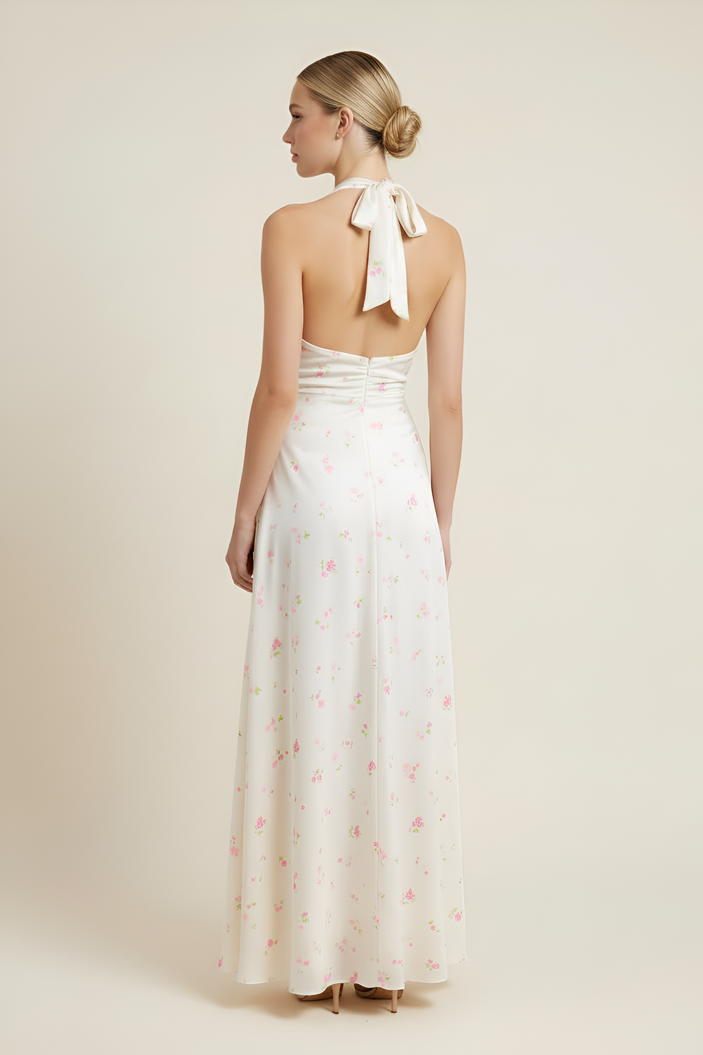 Floral Satin Halter Gown