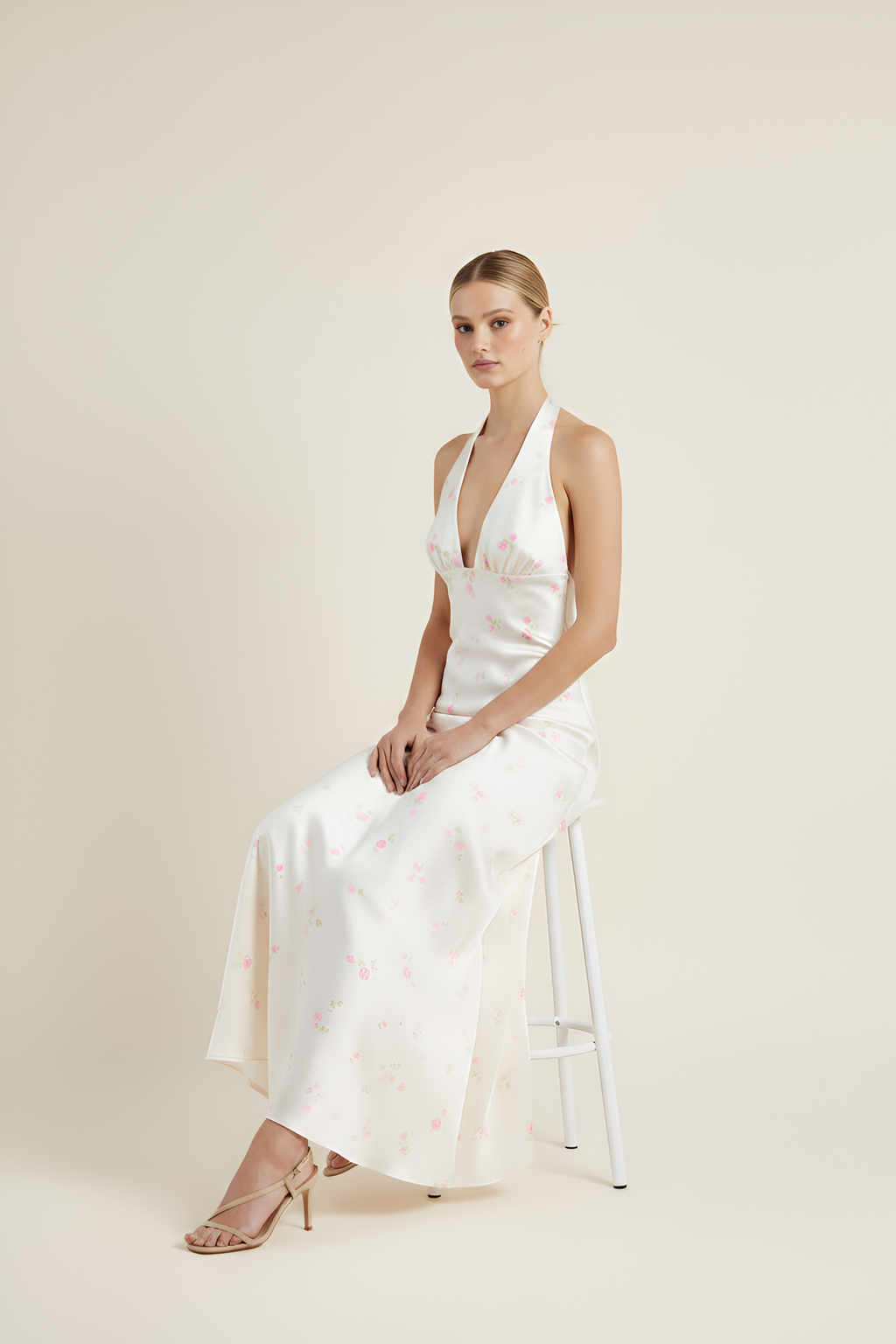 Floral Satin Halter Gown