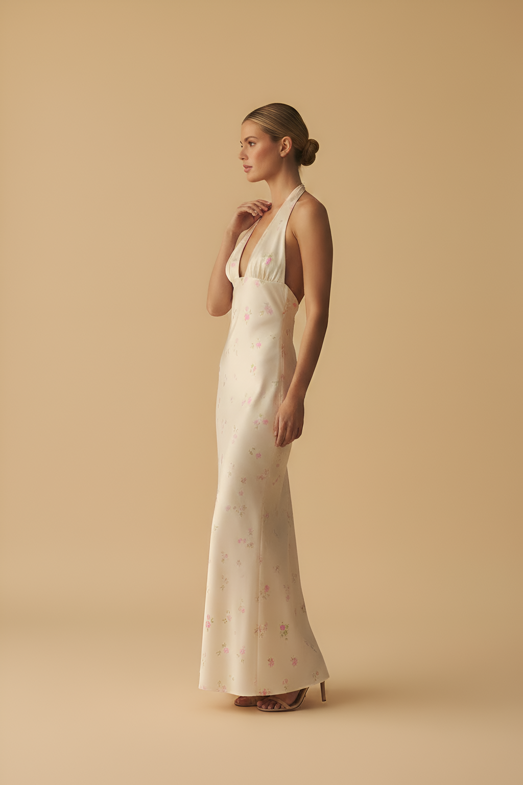 Floral Satin Halter Gown