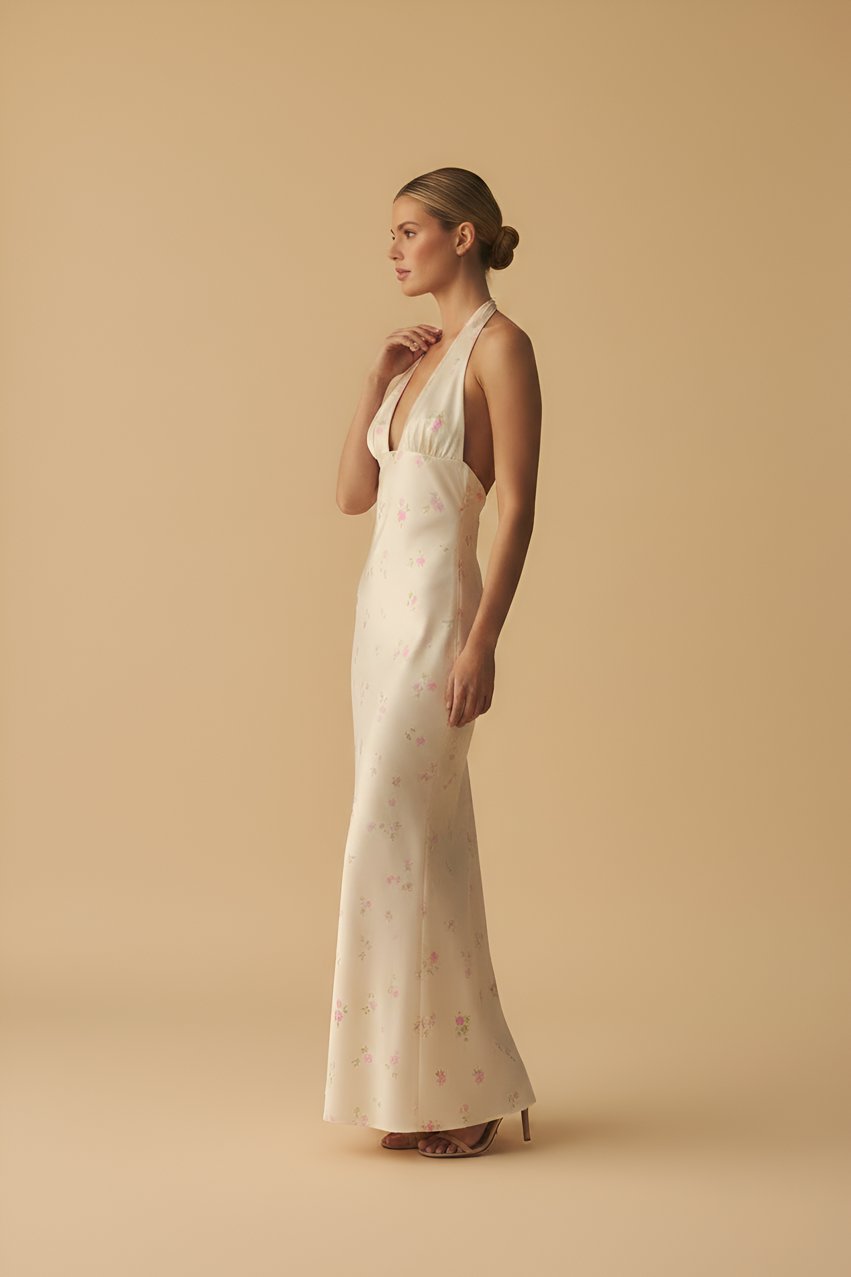 Floral Satin Halter Gown
