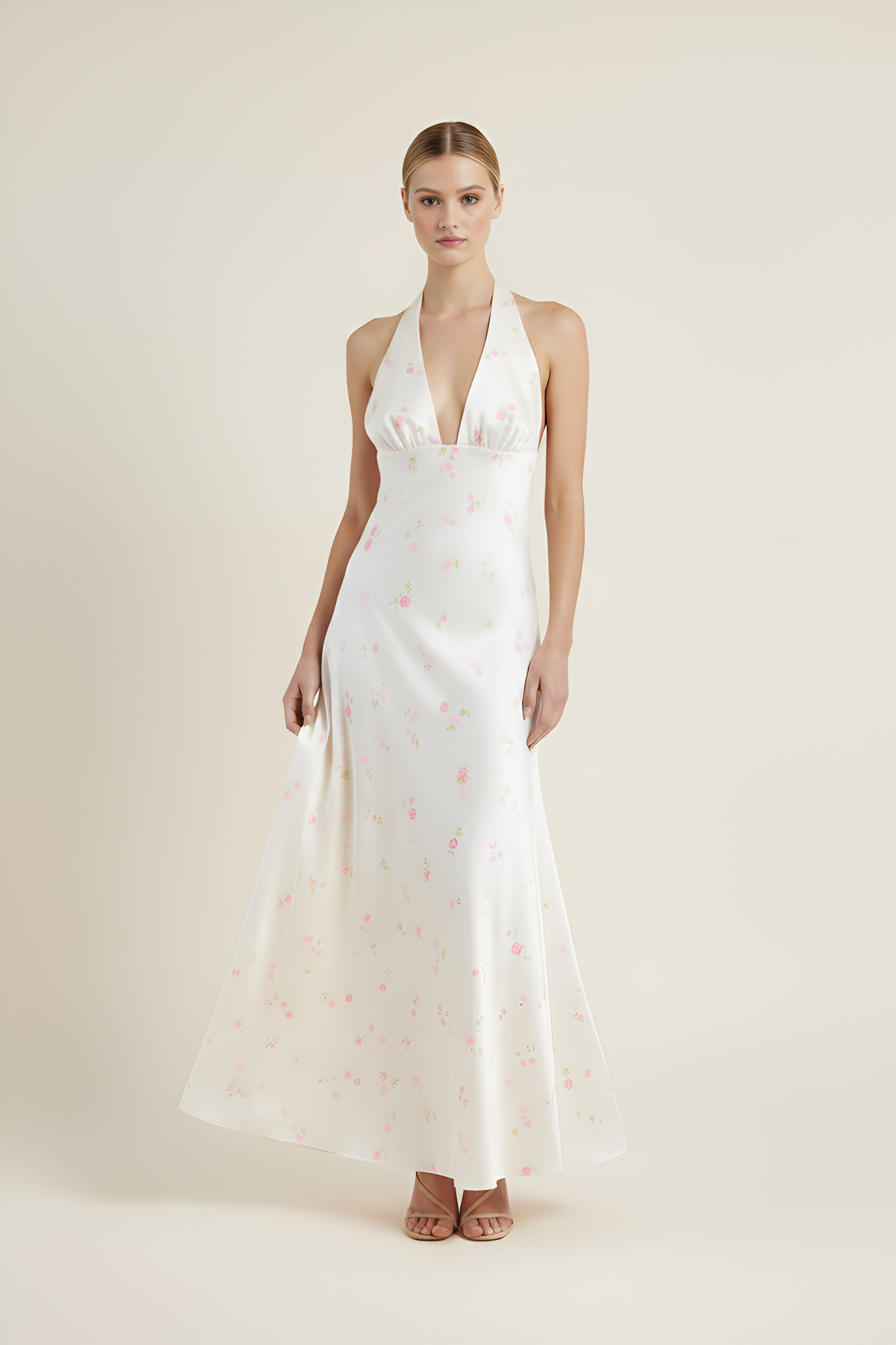 Floral Satin Halter Gown