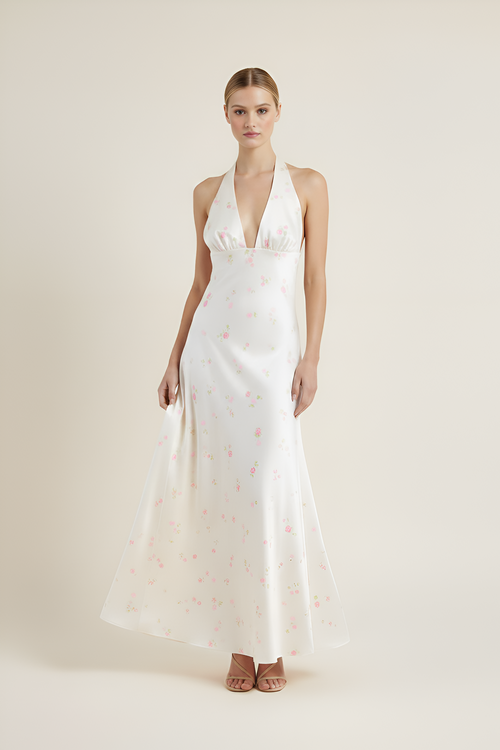 Floral Satin Halter Gown