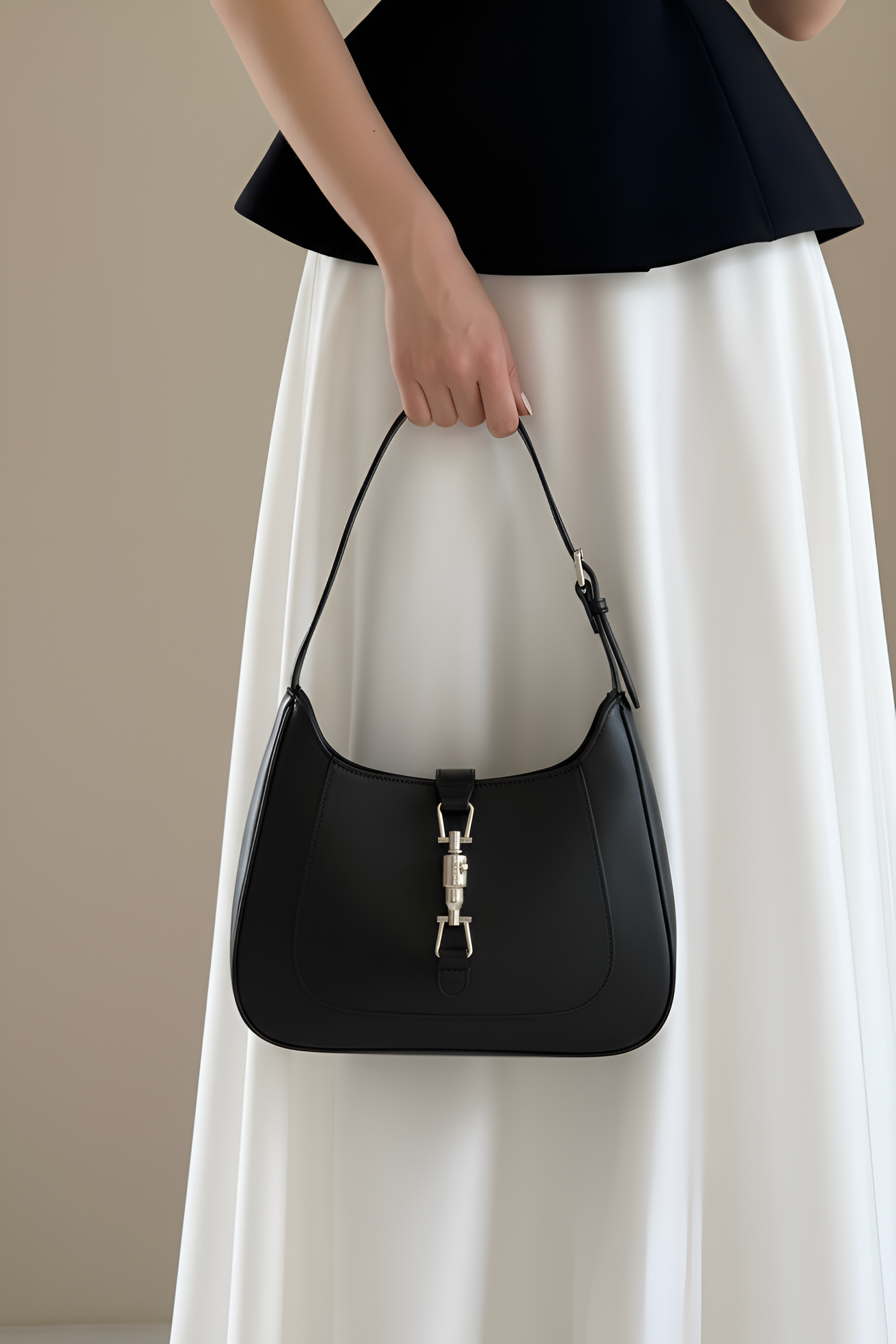 Saddle-Buckle Black Shoulder Bag