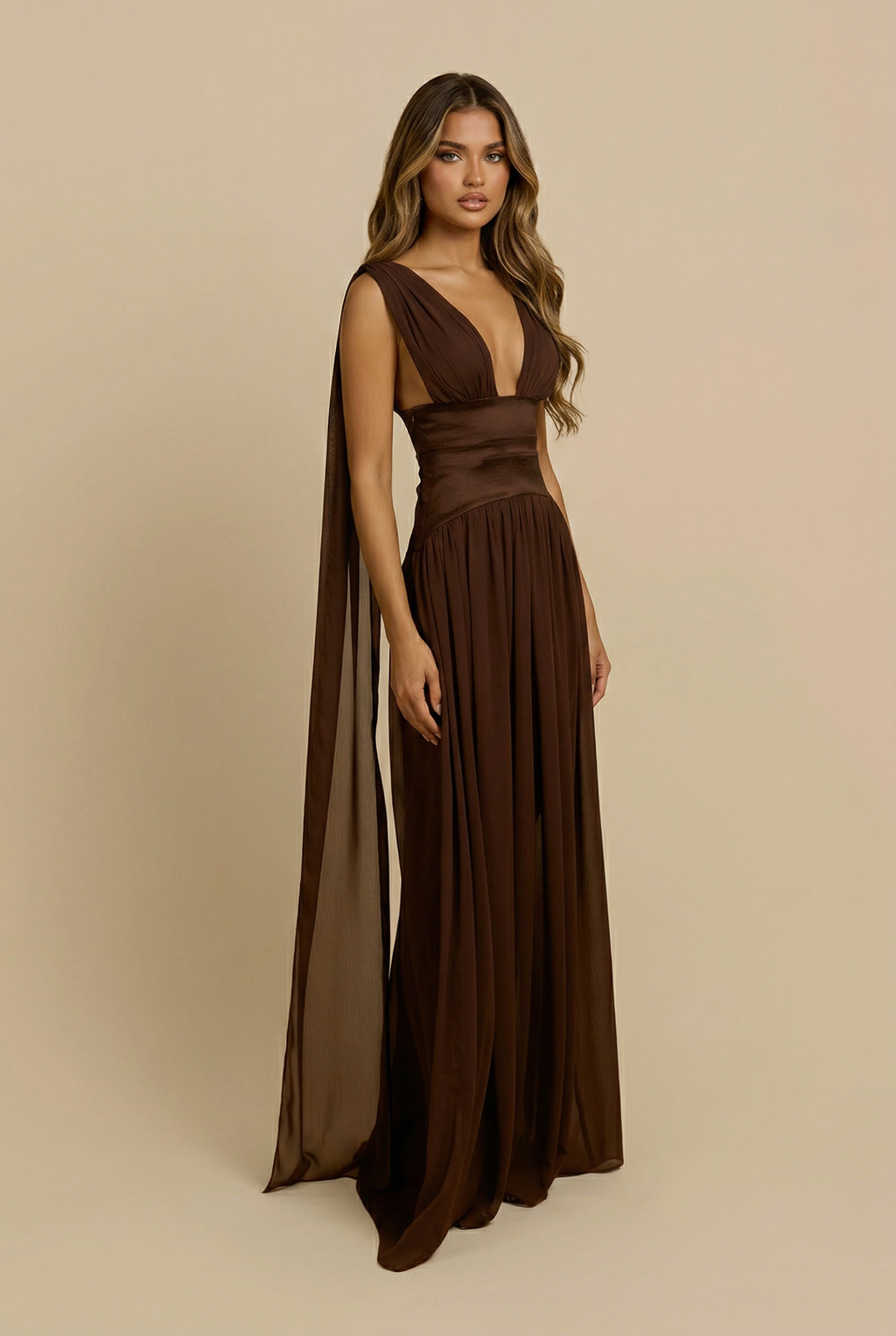 Draped Satin Cape Gown