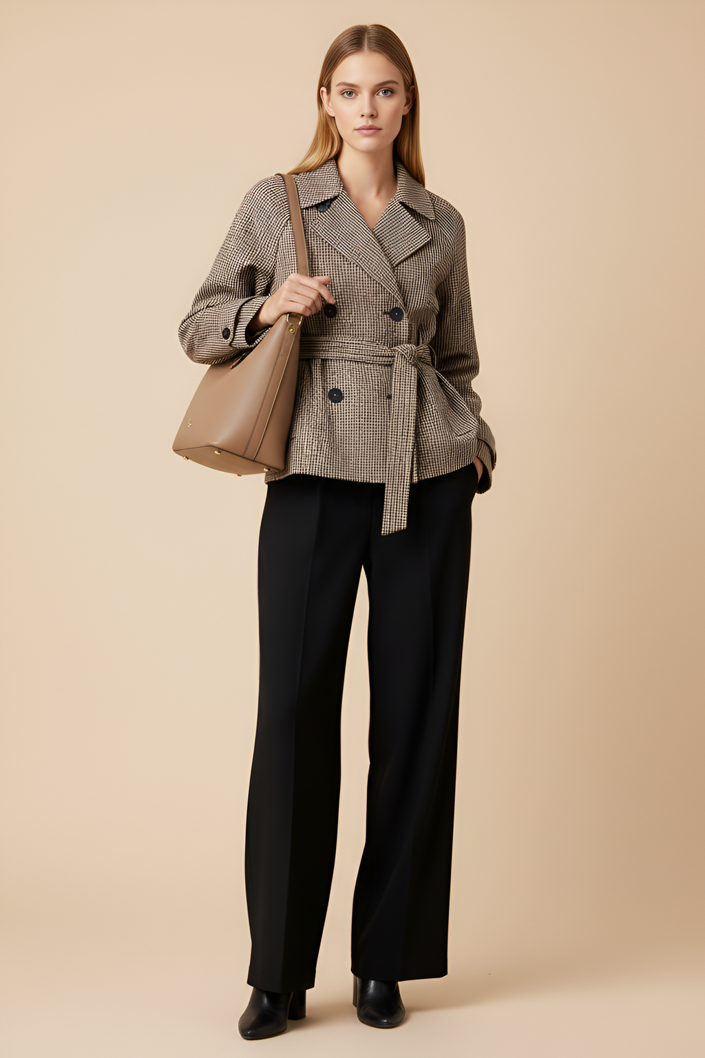 Belted Houndstooth Check Trench Jacket