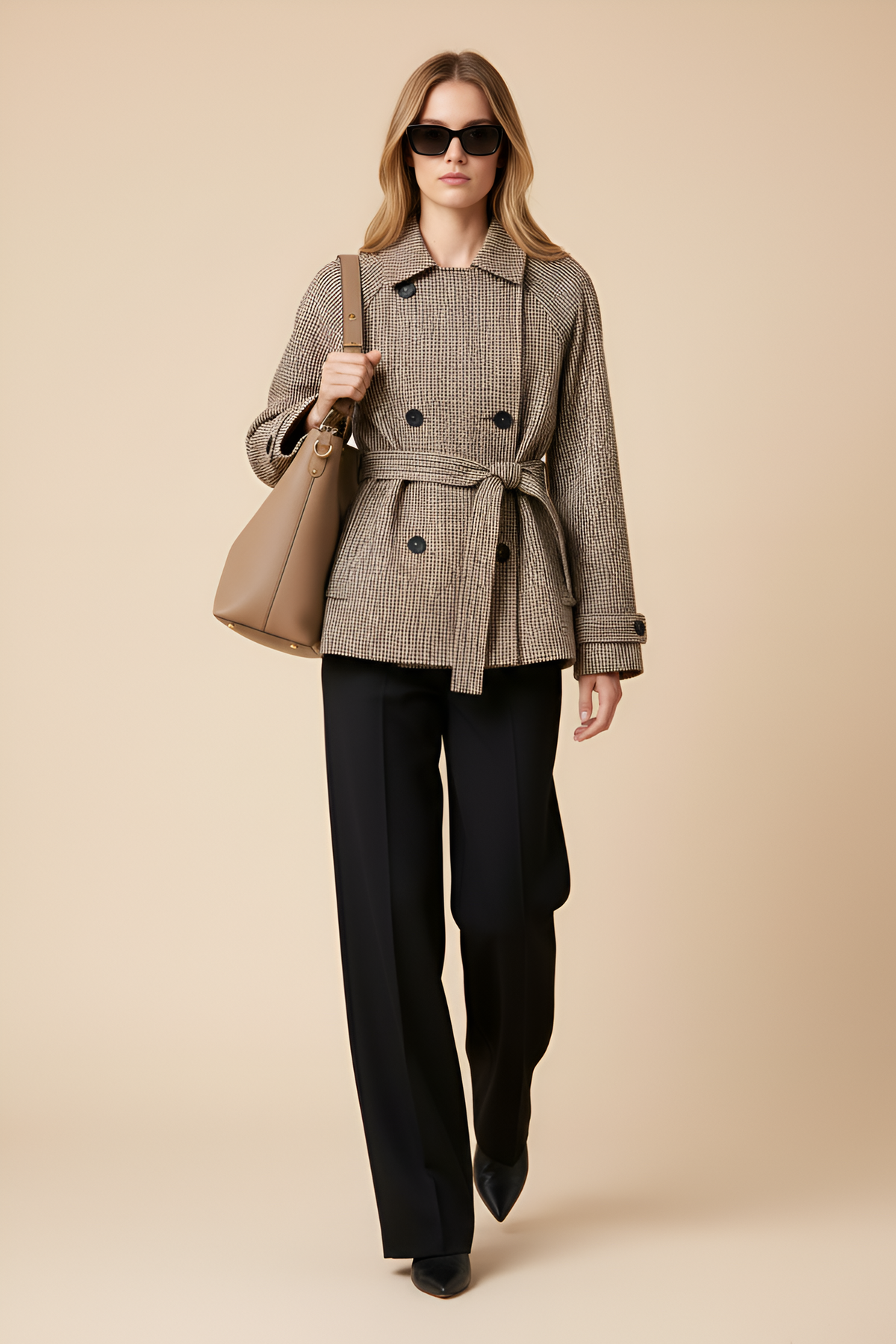 Belted Houndstooth Check Trench Jacket