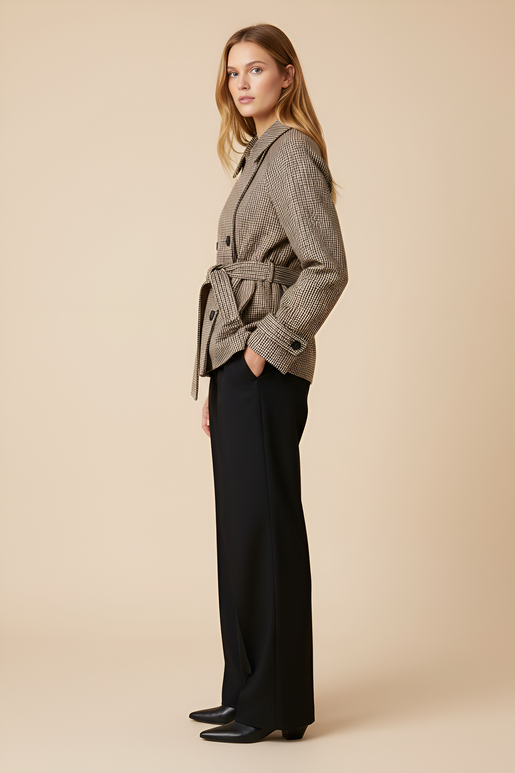 Belted Houndstooth Check Trench Jacket