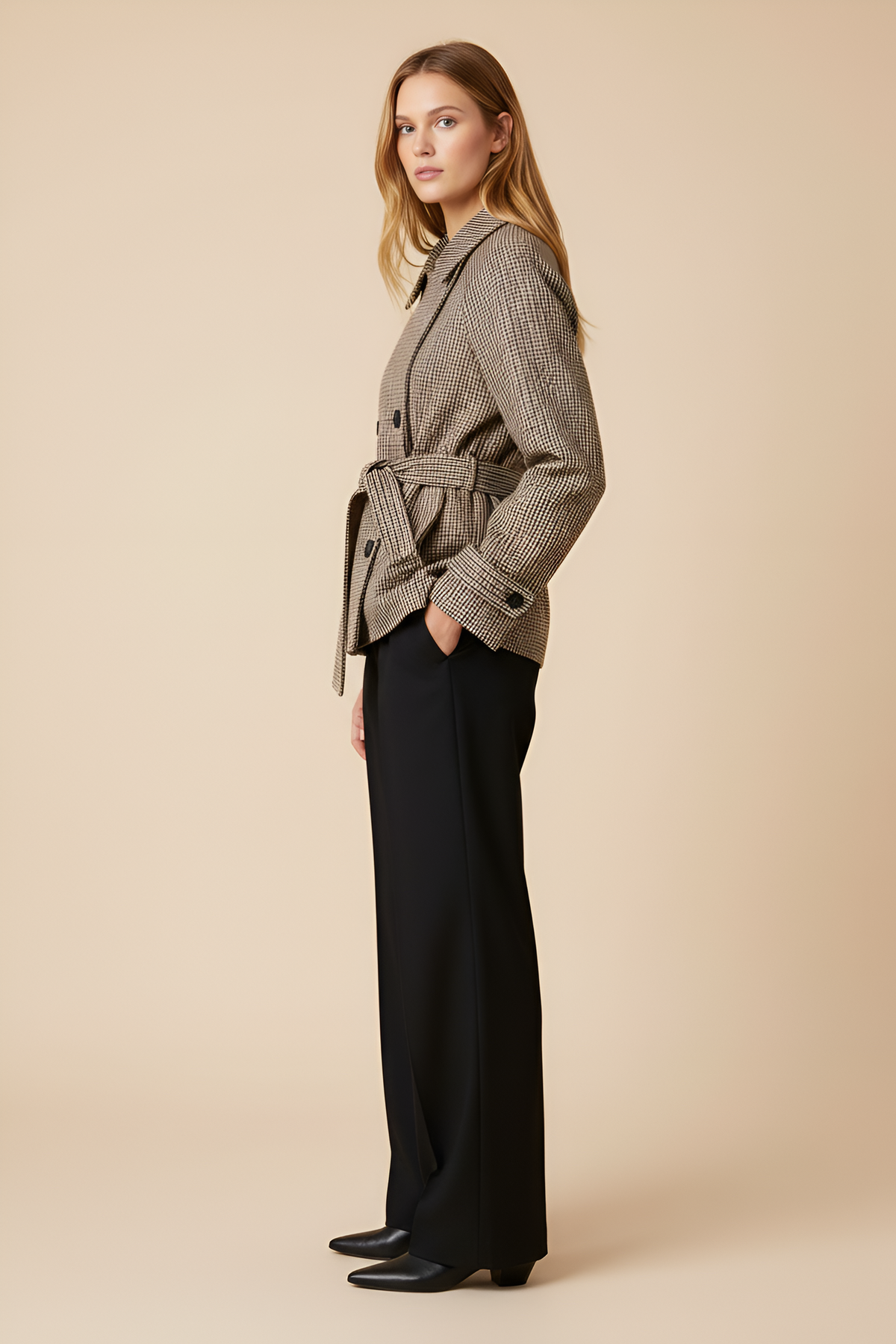 Belted Houndstooth Check Trench Jacket
