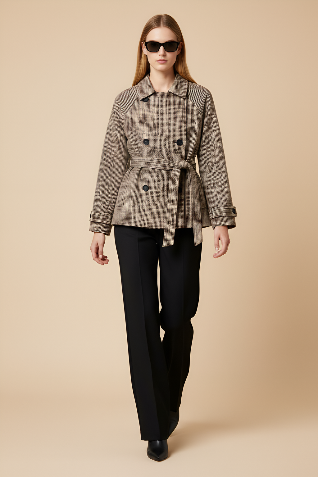 Belted Houndstooth Check Trench Jacket