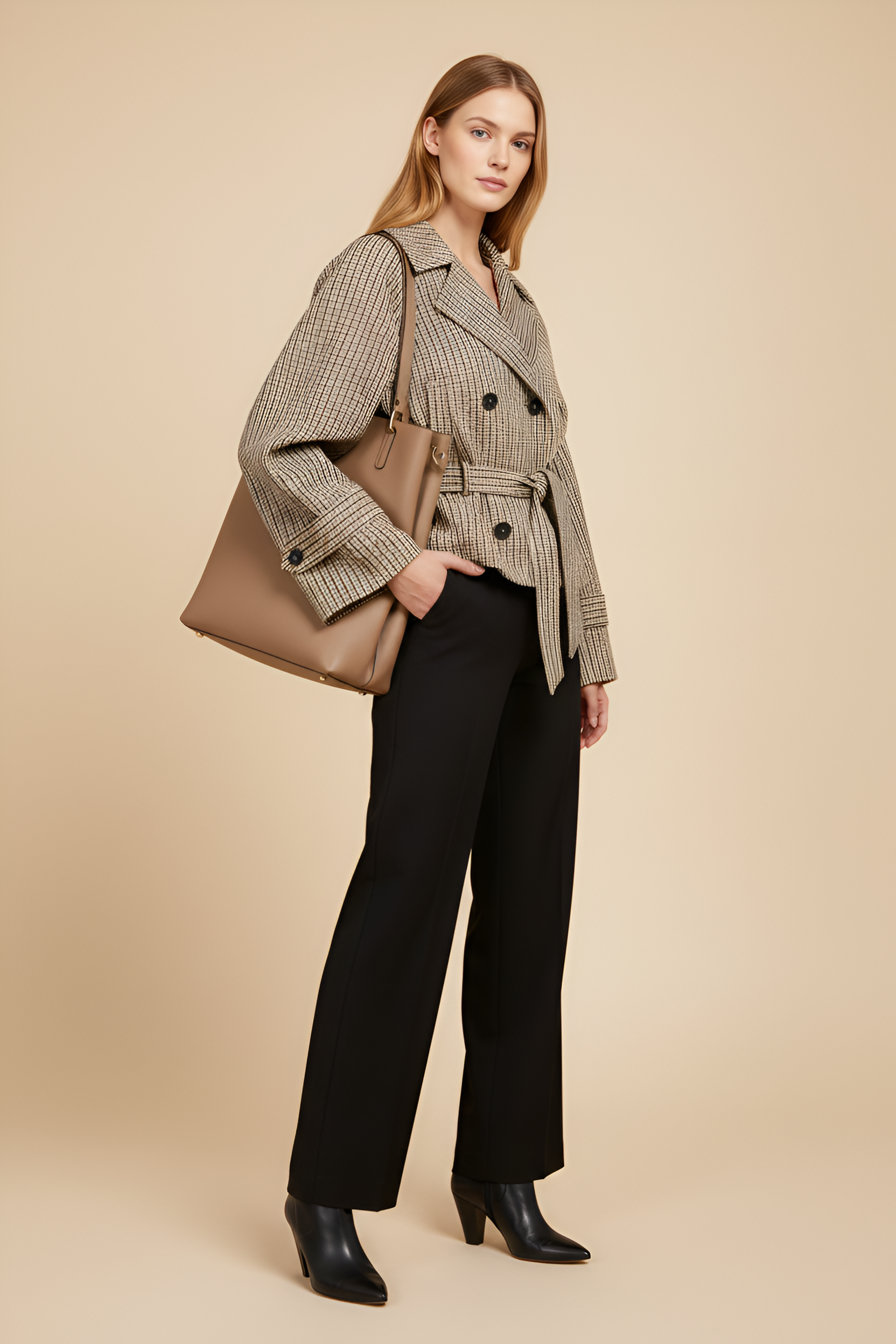 Belted Houndstooth Check Trench Jacket