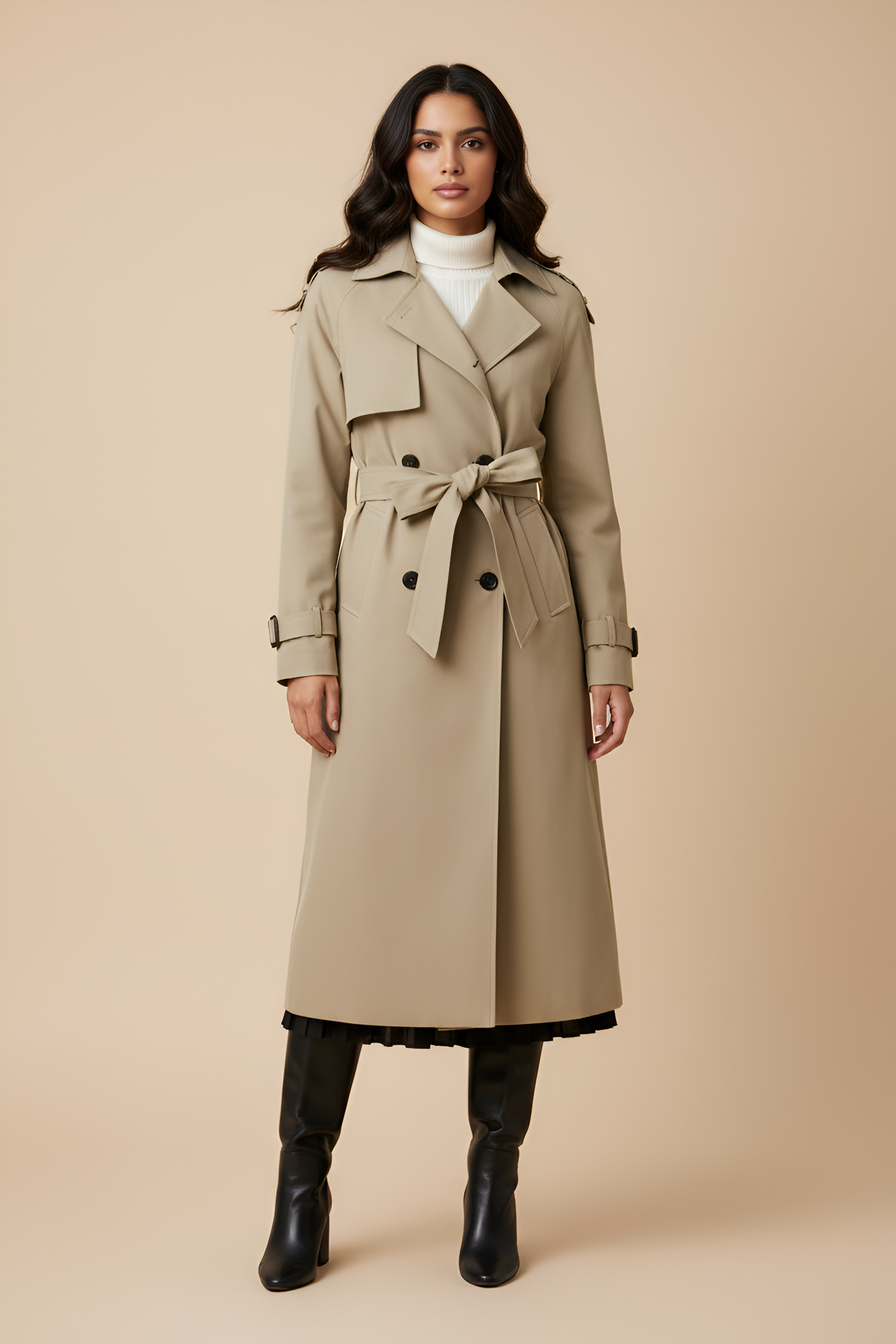 Classic Long Trench Coat with Belted Waist