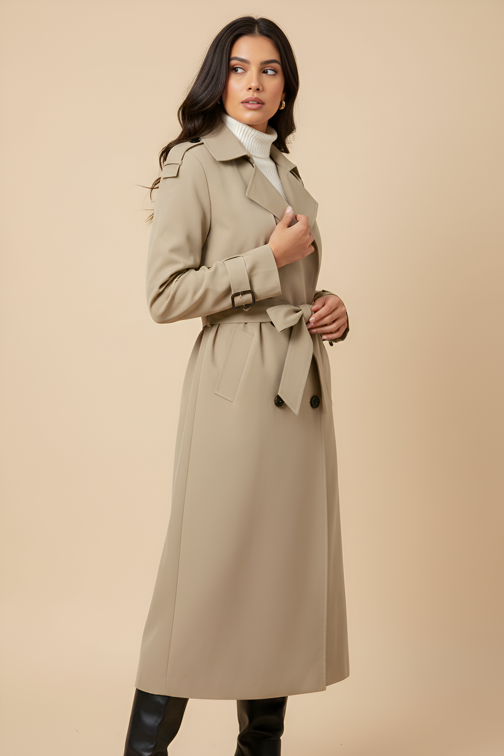 Classic Long Trench Coat with Belted Waist