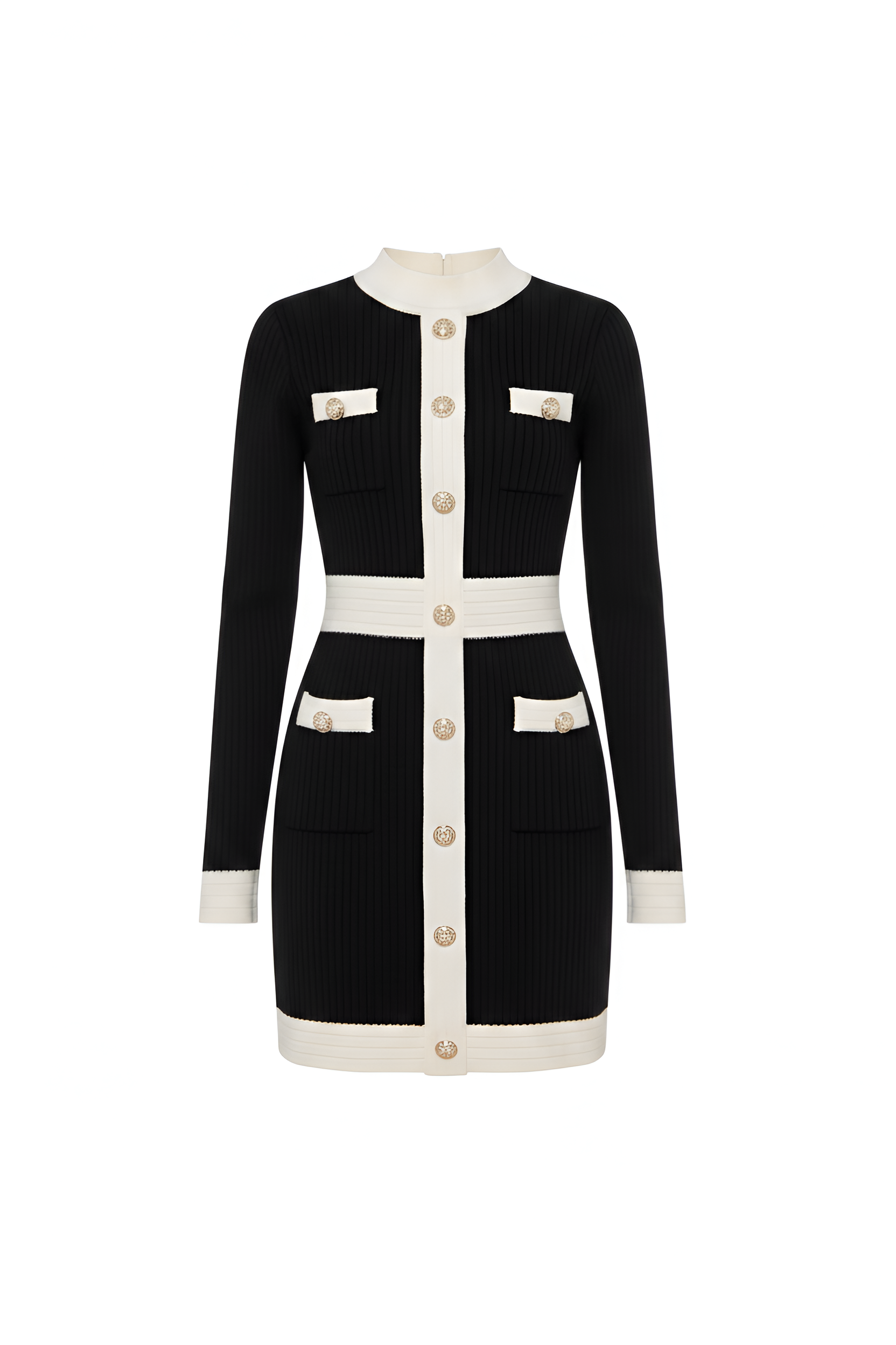 Contrast-Trim Gold-Button Knit Mini Dress
