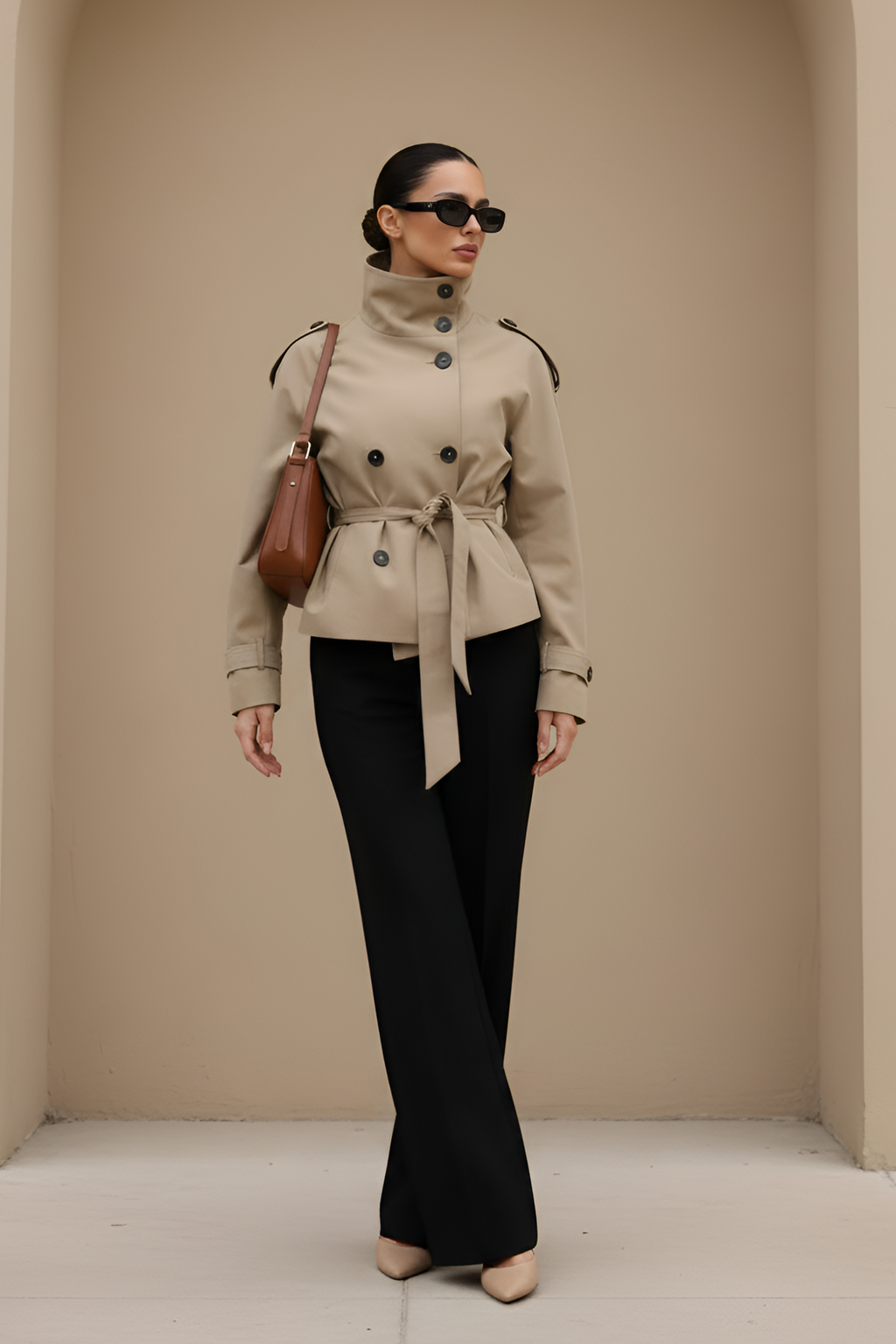 Cropped Khaki Trench Coat with Statement Collar