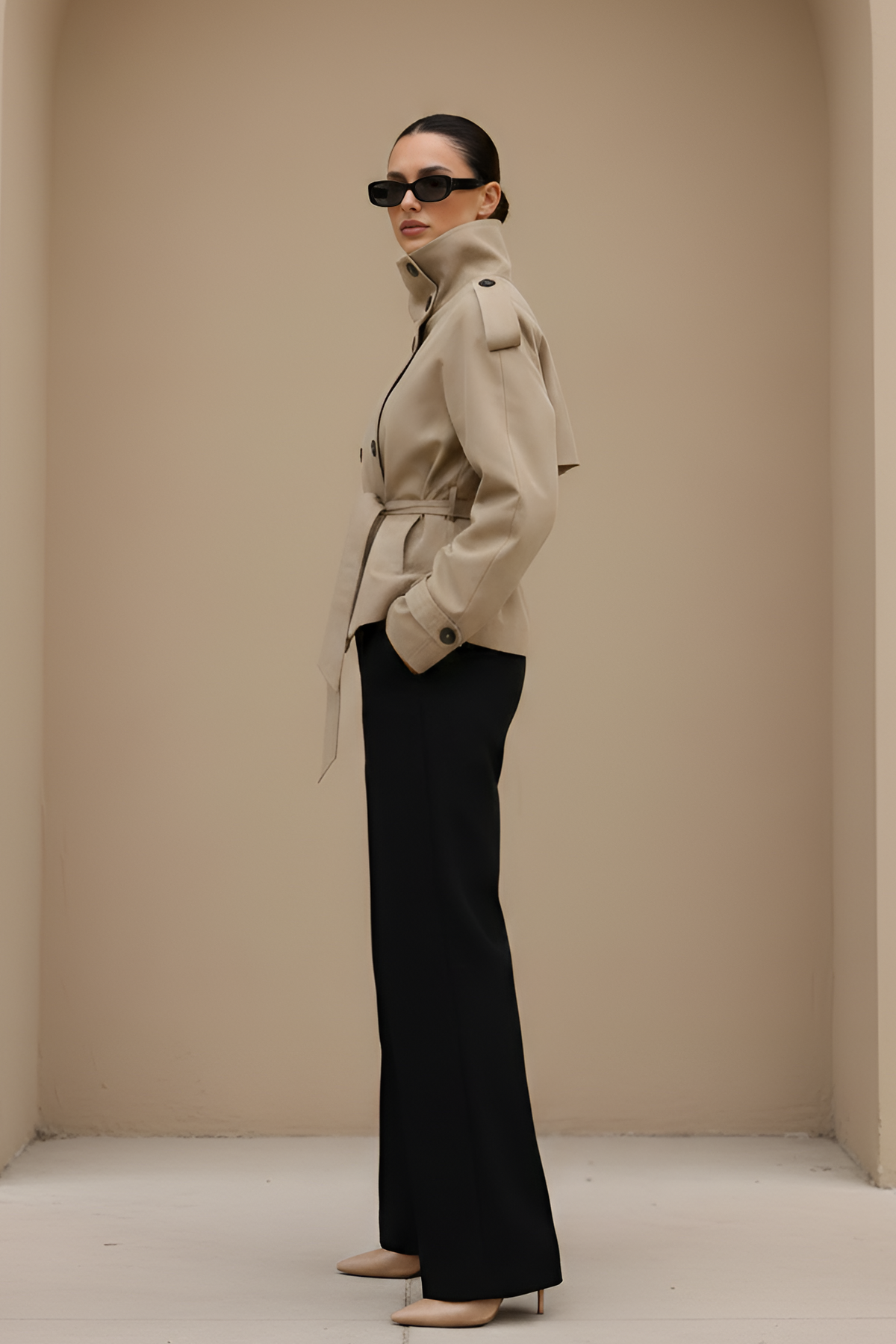 Cropped Khaki Trench Coat with Statement Collar