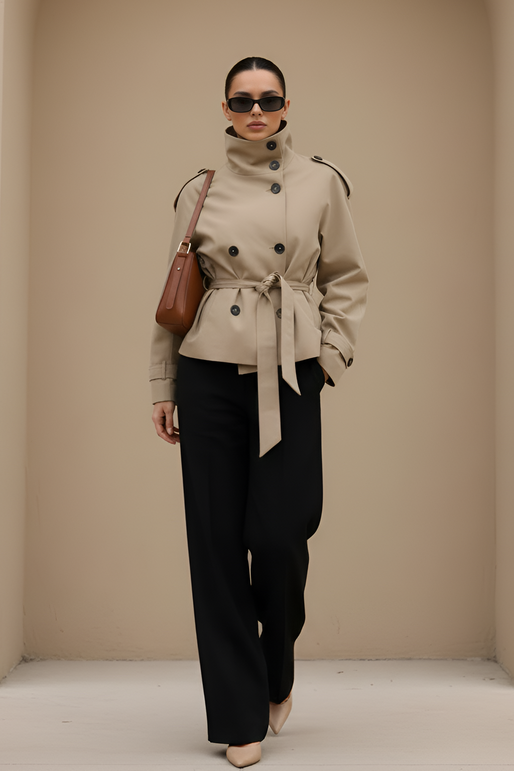 Cropped Khaki Trench Coat with Statement Collar
