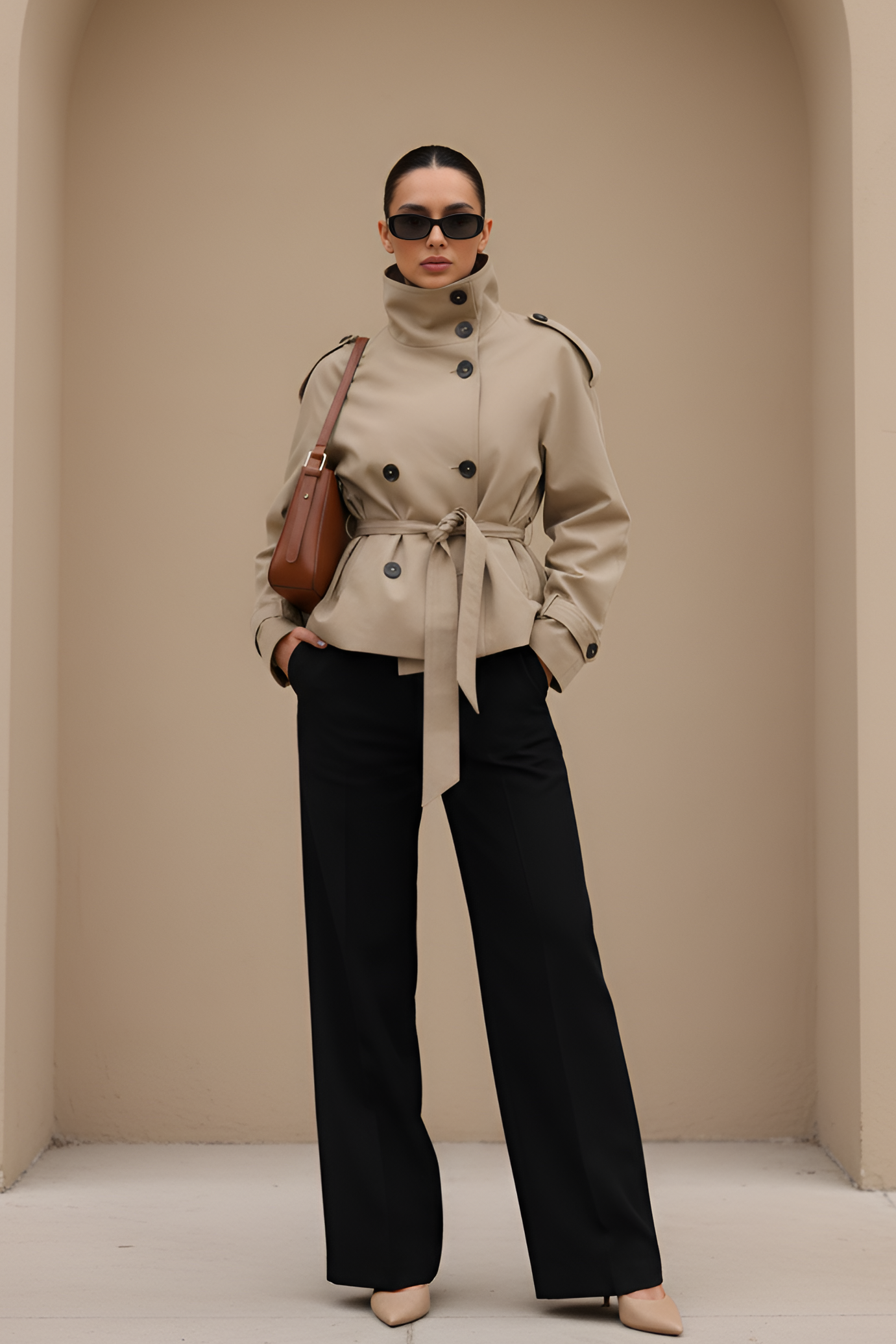 Cropped Khaki Trench Coat with Statement Collar
