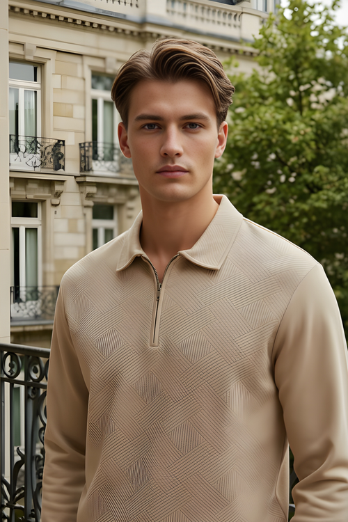 Beige Quarter‑Zip Polo