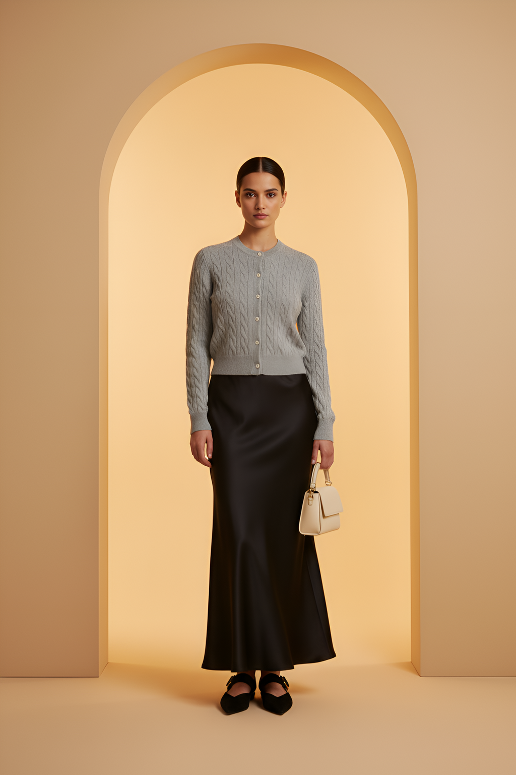 Buttoned Long‑Sleeve Cable Cardigan