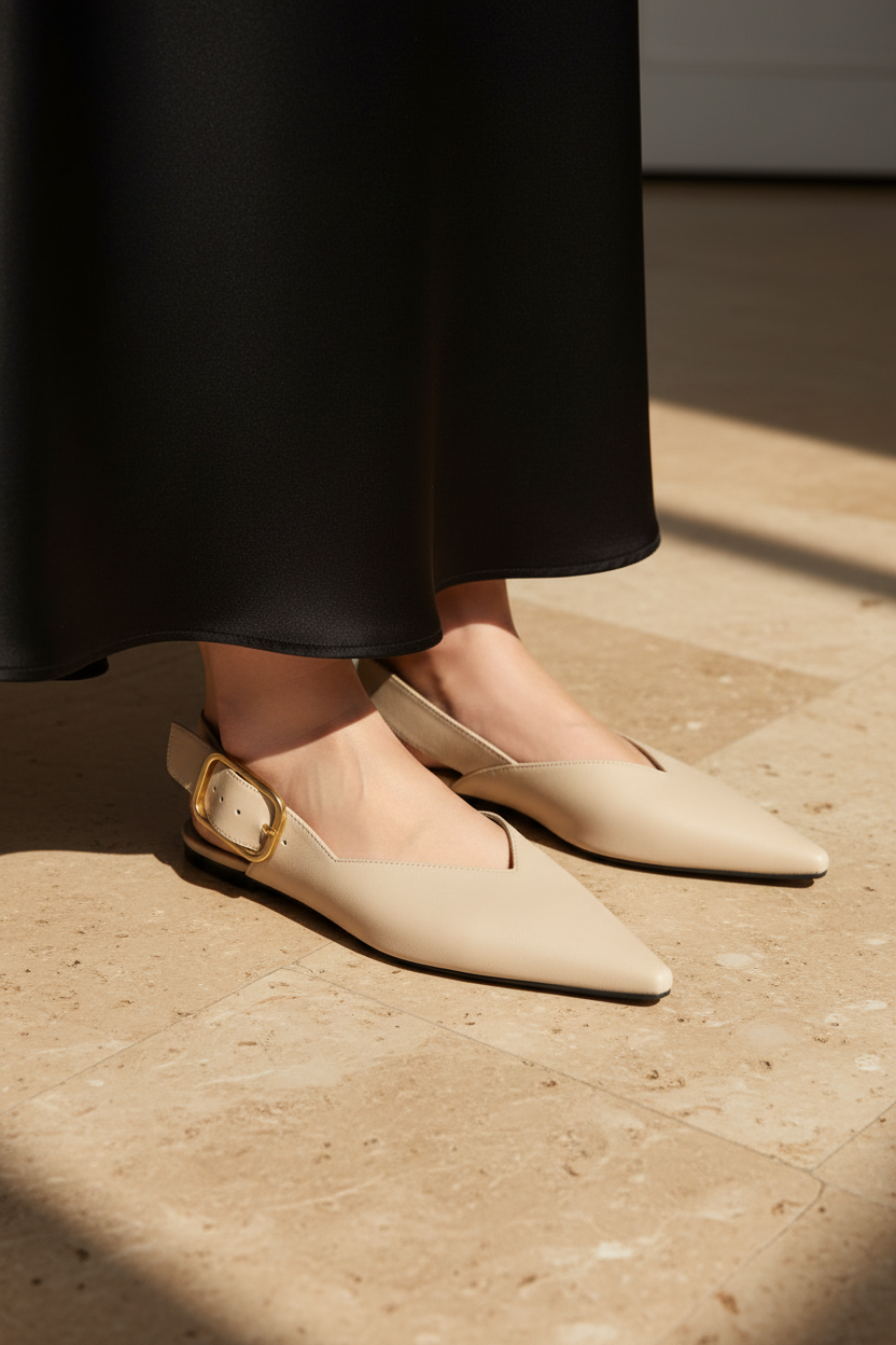 Shot 2 — Close-Up Beige Slingbacks + Black Satin Skirt