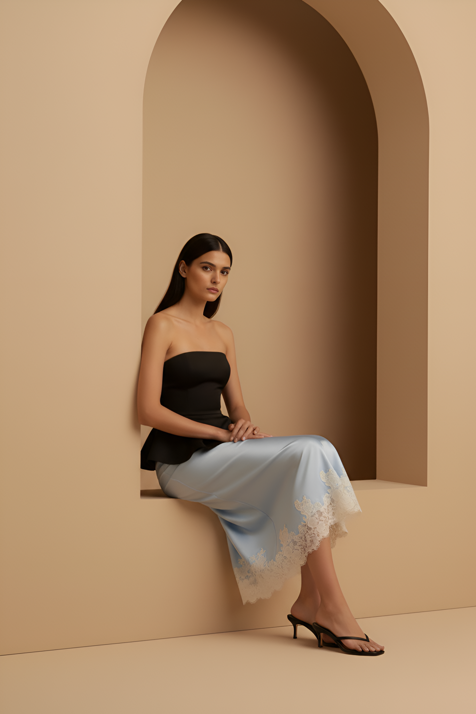 Satin Lace-Hem Skirt