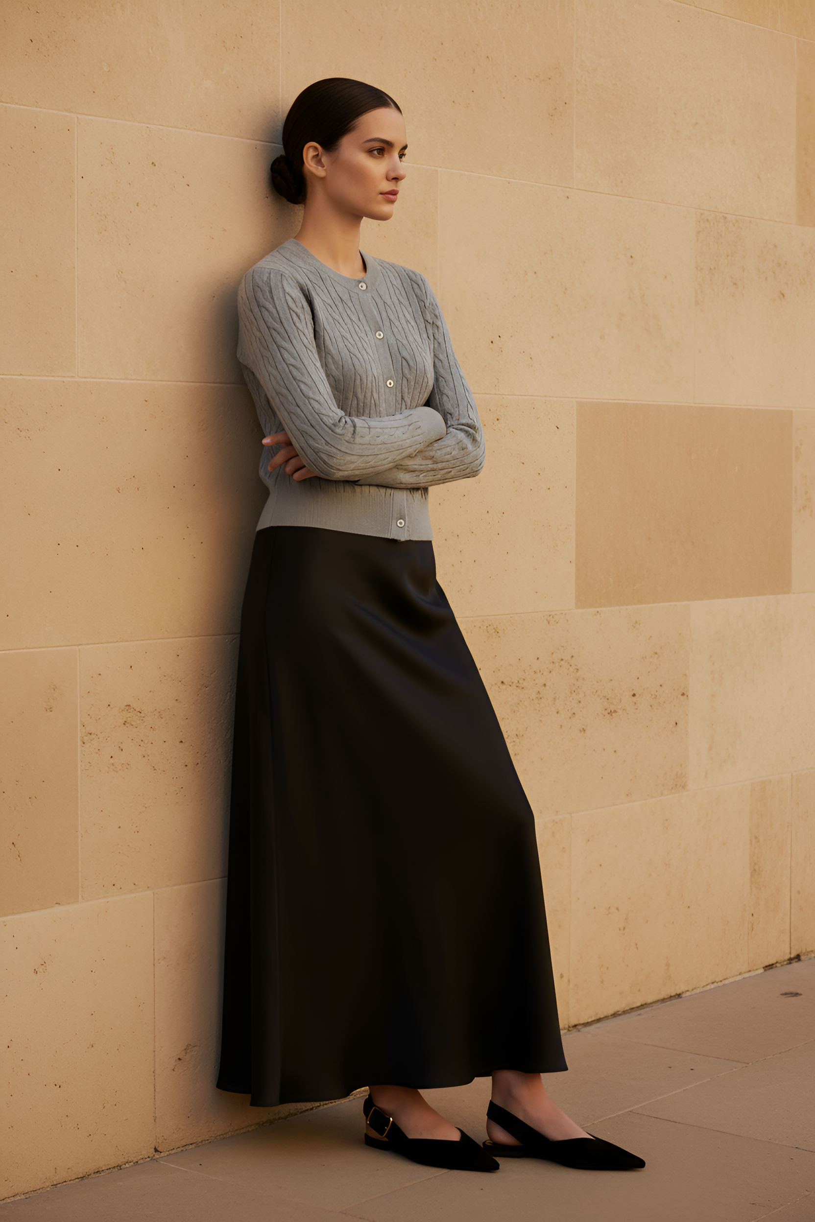 Buttoned Long‑Sleeve Cable Cardigan