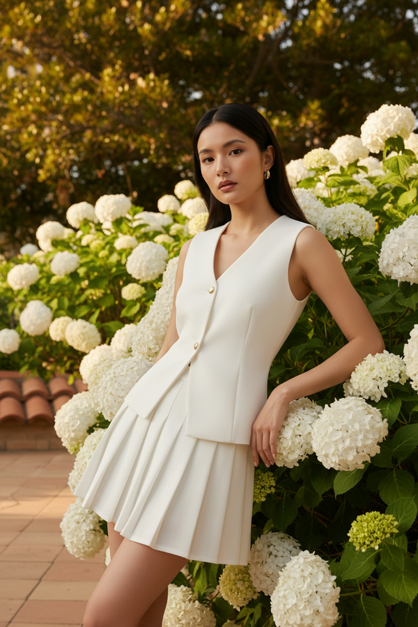 Summer Editorial – Ivory Vest & Pleated Mini