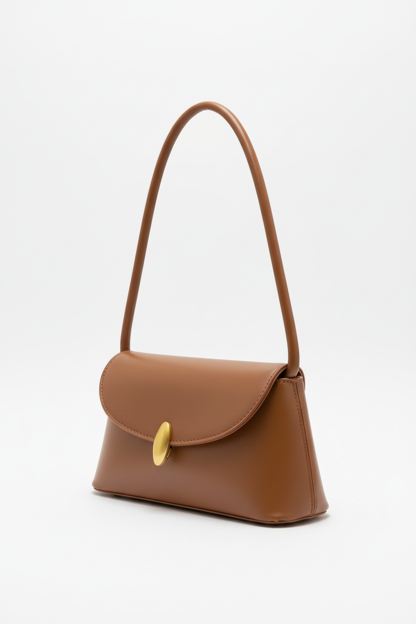 Tan caramel bag three-quarter angle flat lay