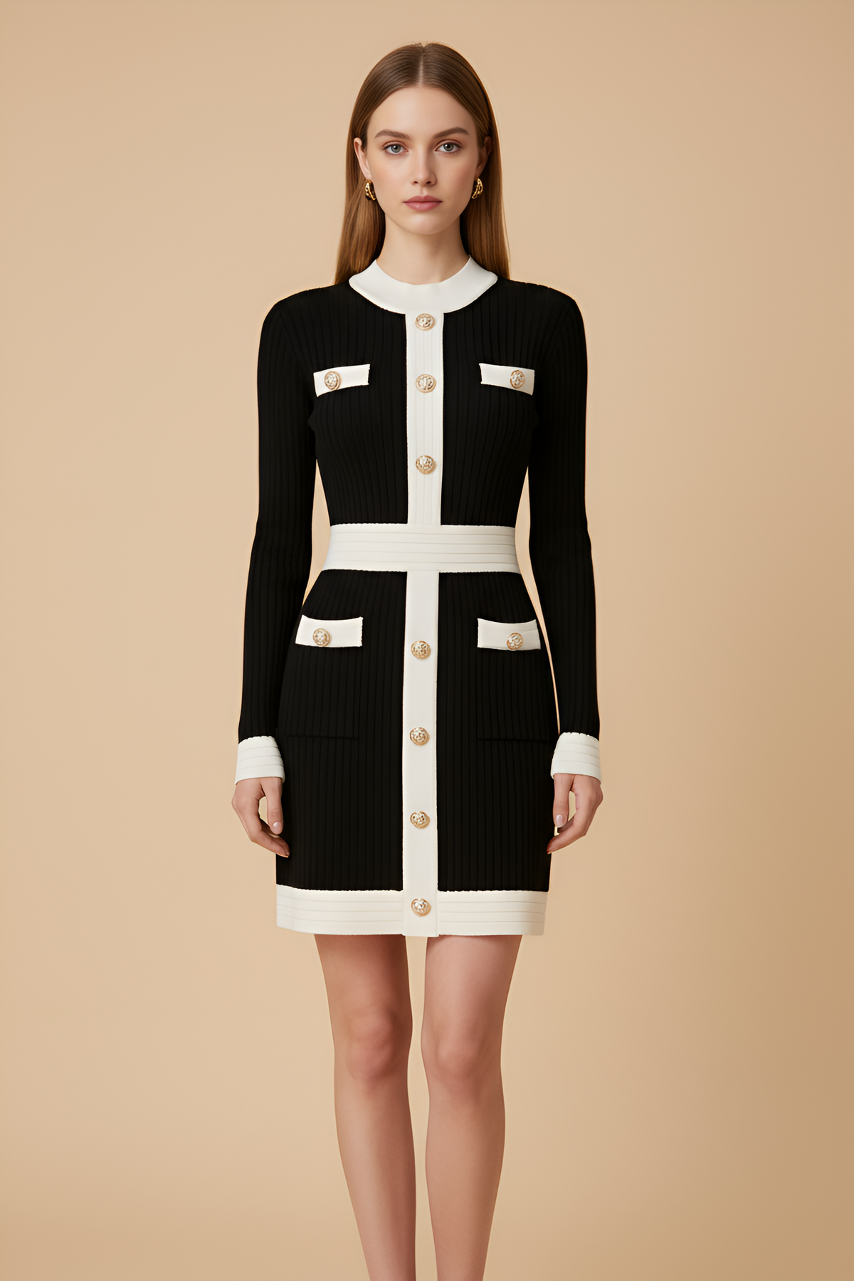 Contrast-Trim Gold-Button Knit Mini Dress