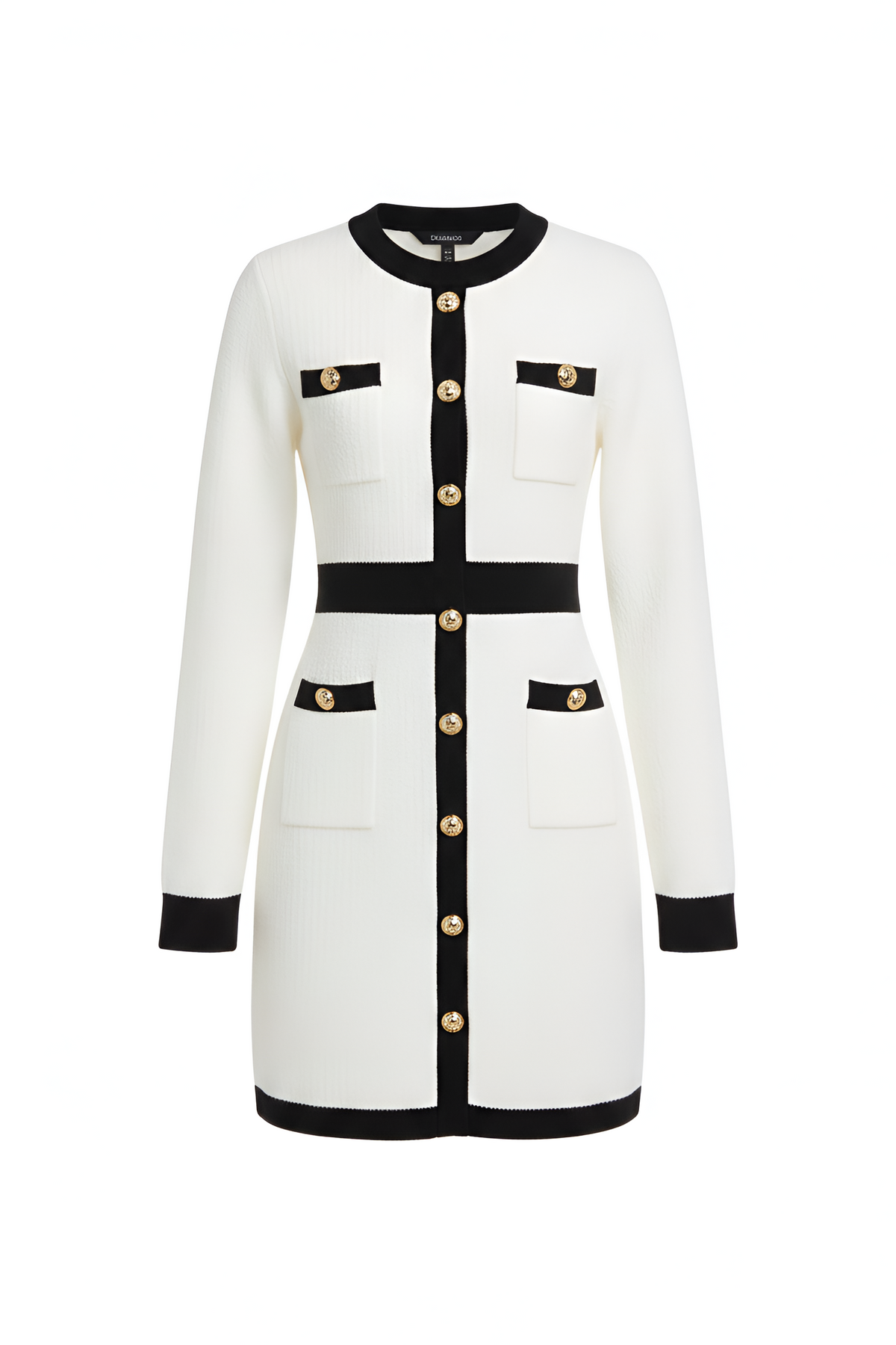 Contrast-Trim Gold-Button Knit Mini Dress